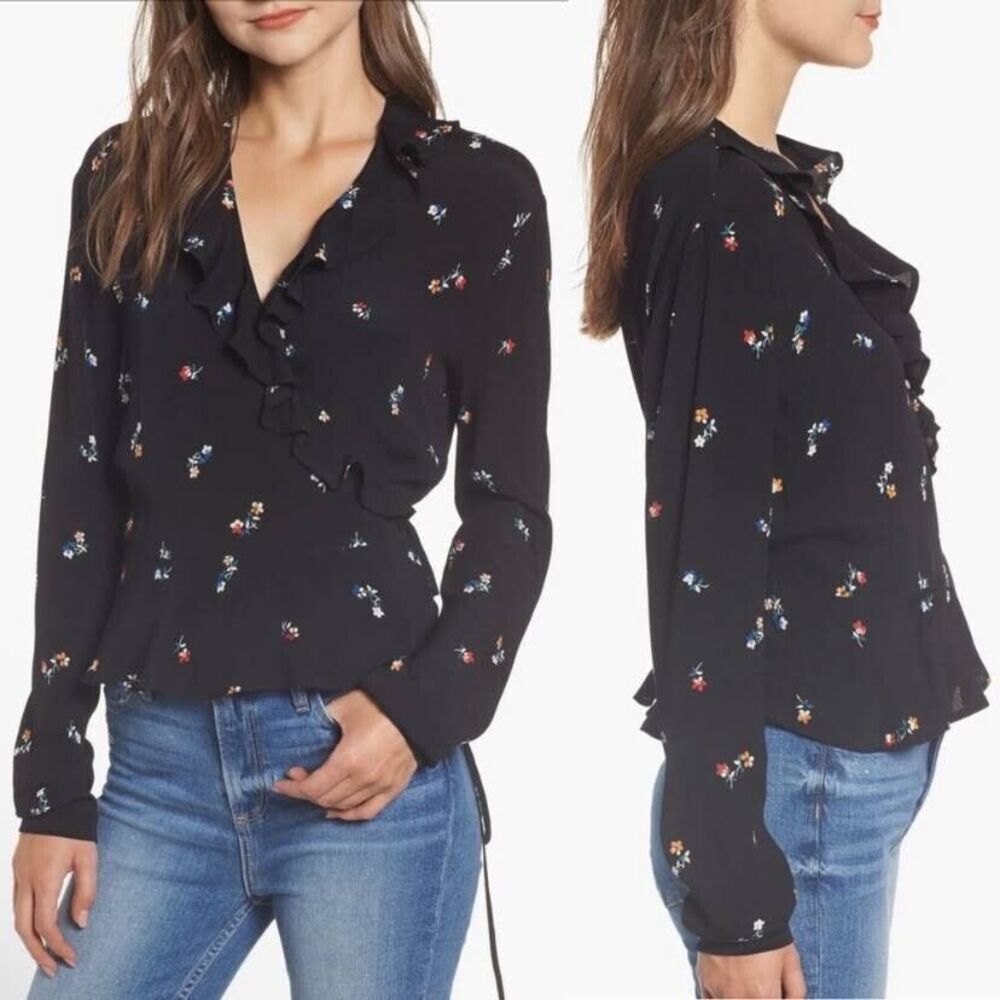 RAILS Simone Black Kyoto Floral Wrap Top Size S Tie Front Ruffle Trim Blouse